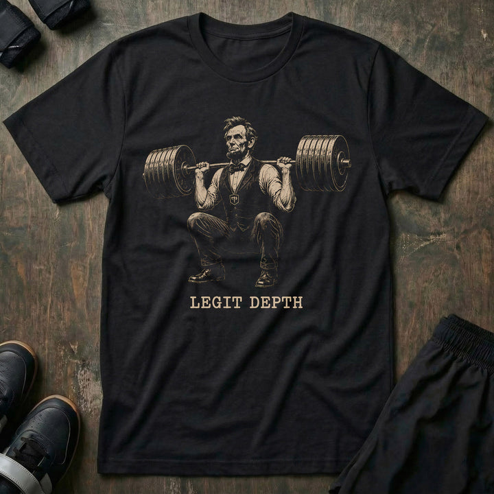 Legit Depth Lincoln Squat tee in Black: Abraham Lincoln squatting a loaded barbell deep in full formal attire