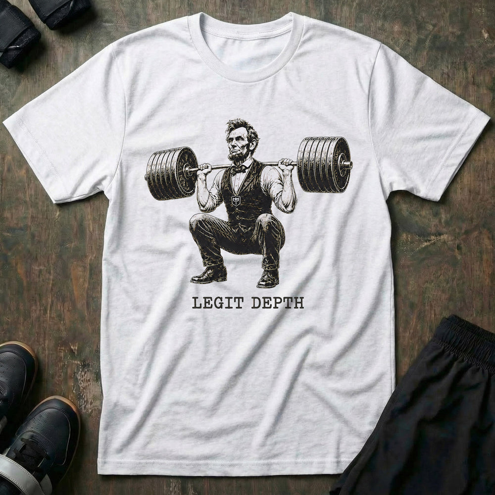 Legit Depth Lincoln Squat tee in White: Abraham Lincoln squatting a loaded barbell deep in full formal attire