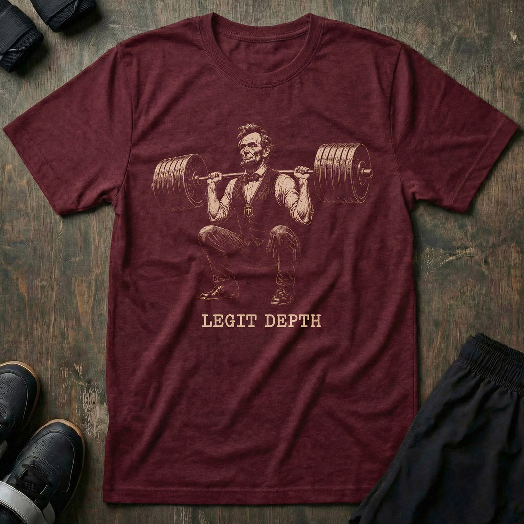 Legit Depth Lincoln Squat tee in Maroon: Abraham Lincoln squatting a loaded barbell deep in full formal attire