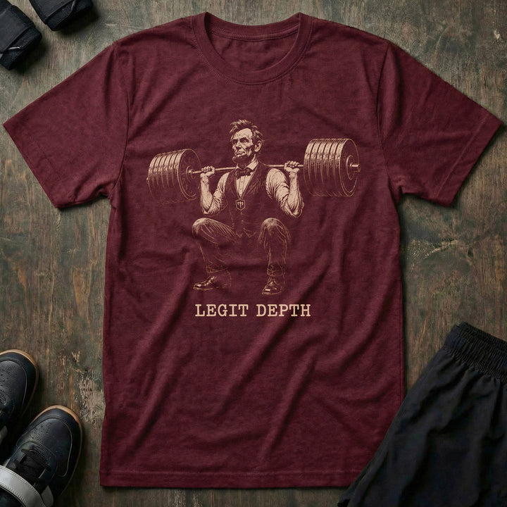 Legit Depth Lincoln Squat tee in Maroon: Abraham Lincoln squatting a loaded barbell deep in full formal attire