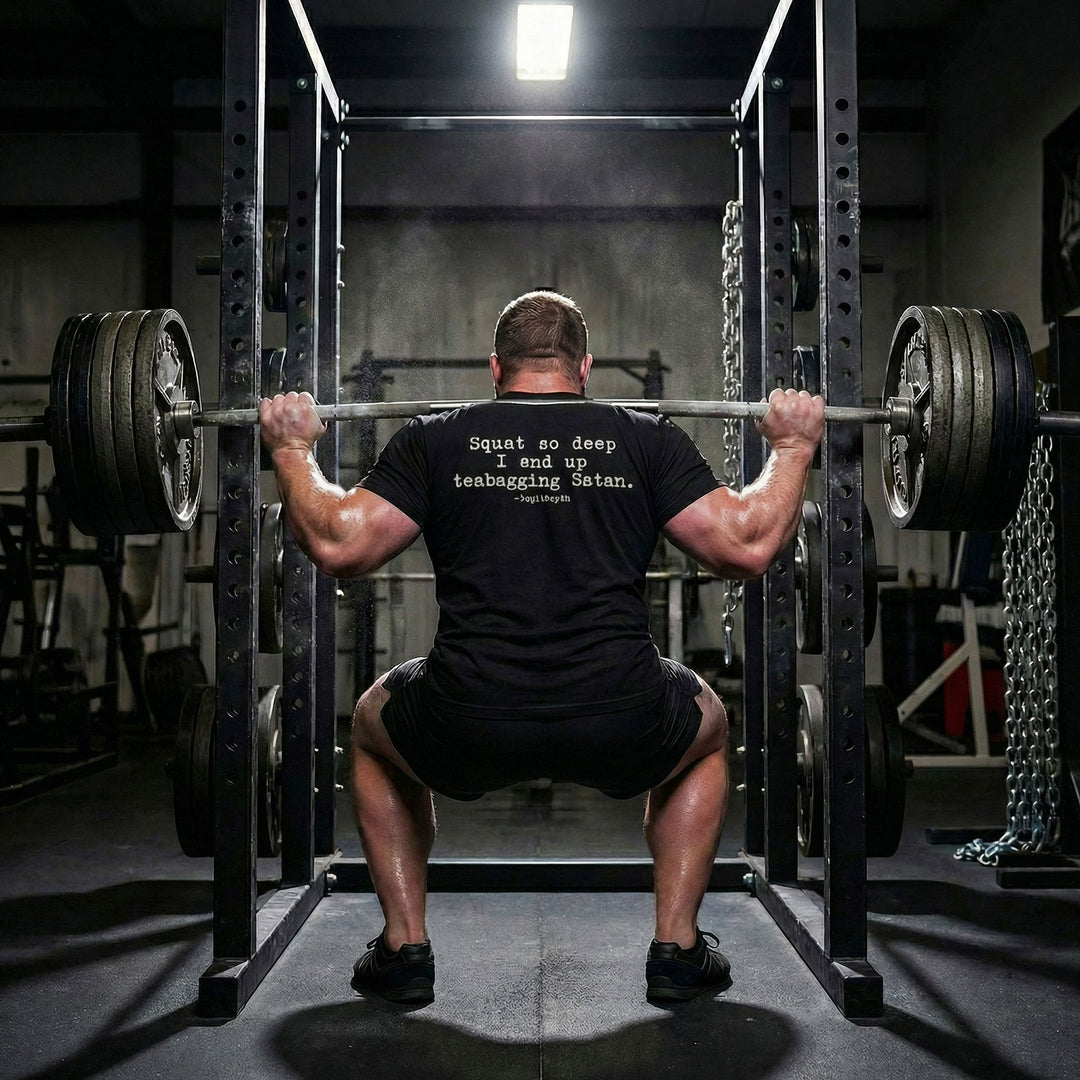 Legit Depth - Squat So Deep - on Black Tee - Conquering Barbell