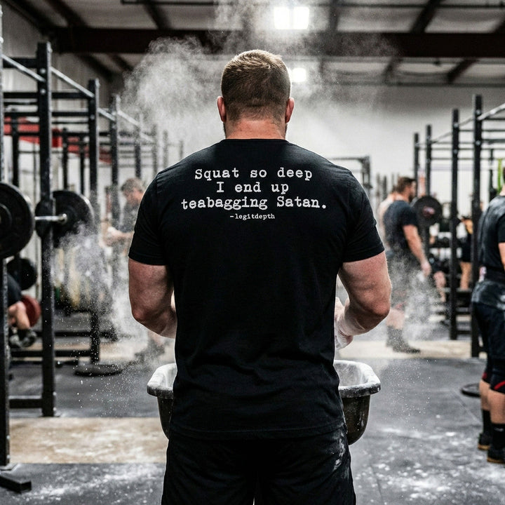Legit Depth - Squat So Deep - on Black Tee - Conquering Barbell