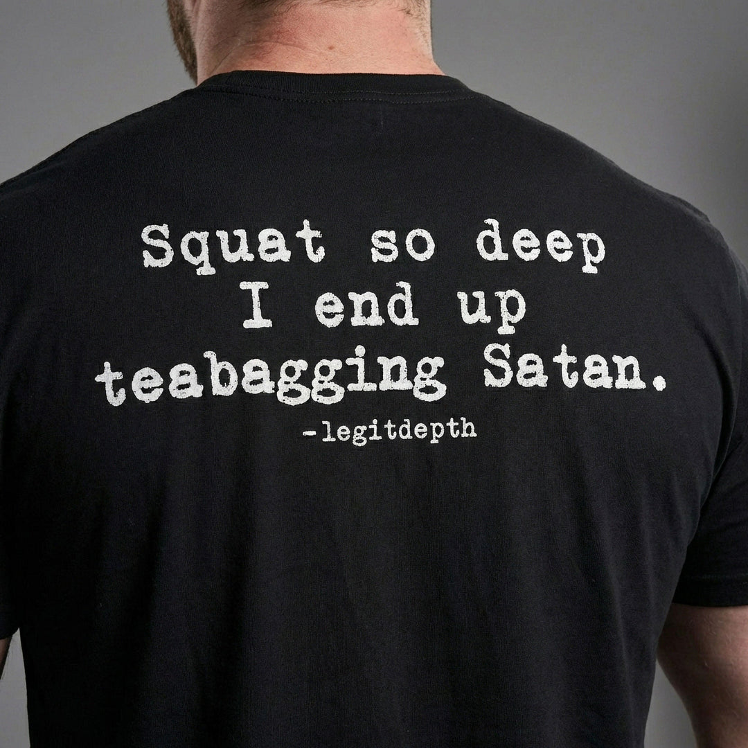 Legit Depth - Squat So Deep - on Black Tee - Conquering Barbell