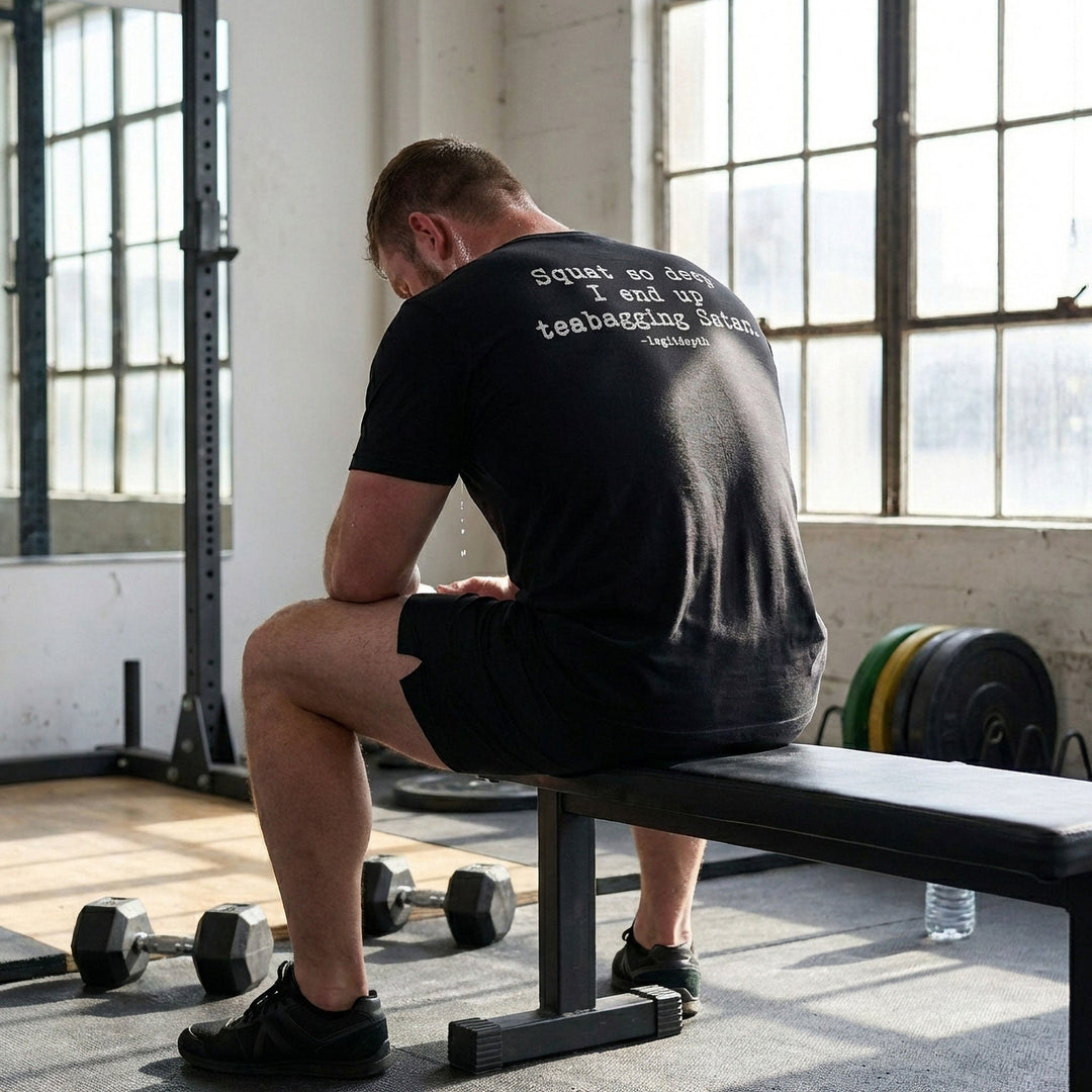 Legit Depth - Squat So Deep - on Black Tee - Conquering Barbell