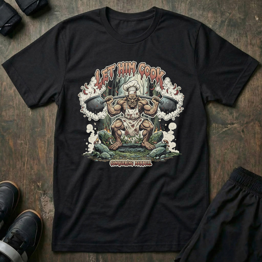 Let Him Cook! Troll Squat tee in Black: a jacked troll in a chef hat dropping into a deep squat