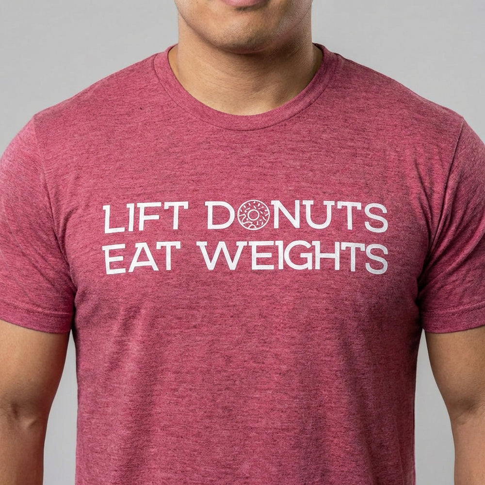 Lift Donuts Eat Weights - on Raspberry Tee - Conquering Barbell