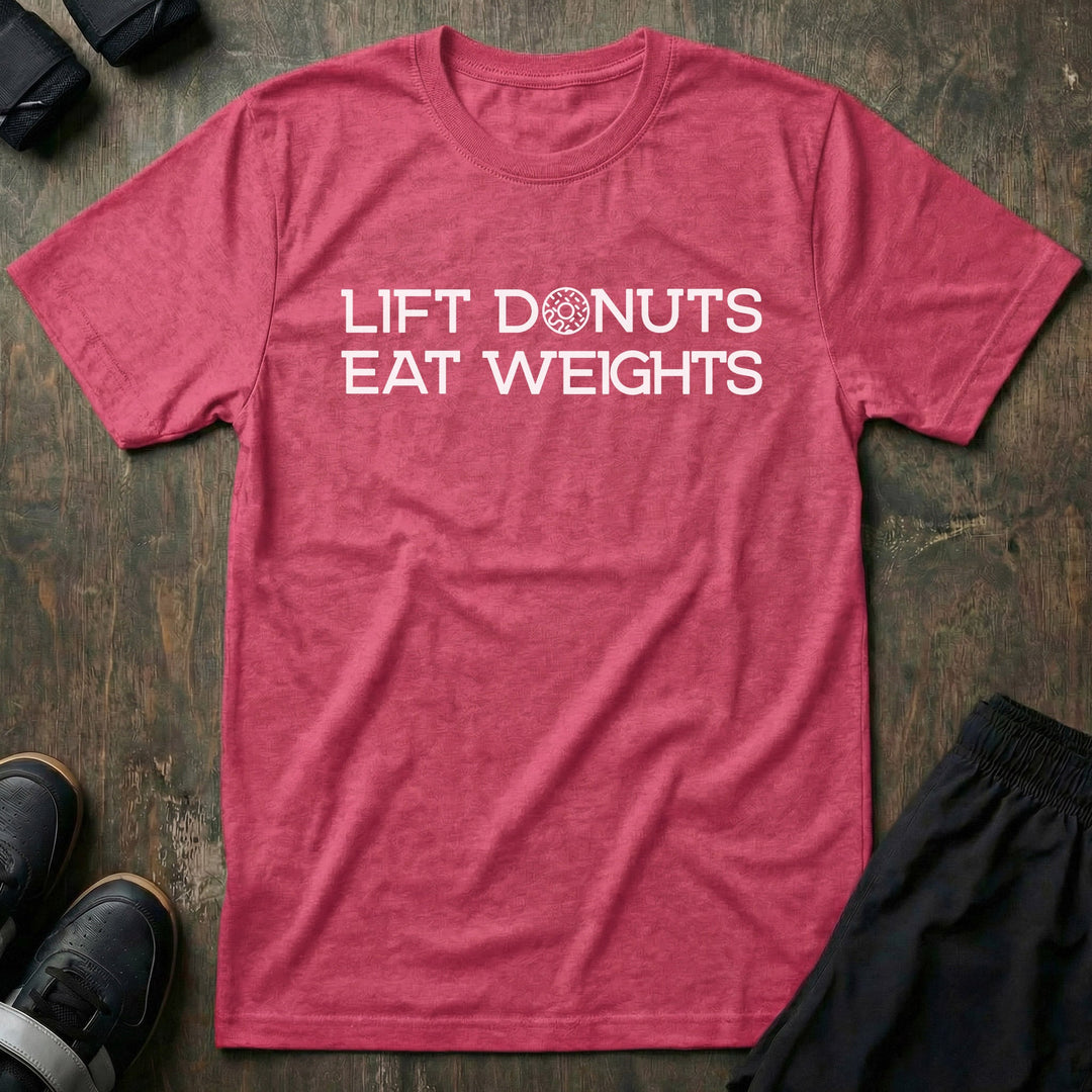 Lift Donuts Eat Weights - on Raspberry Tee - Conquering Barbell