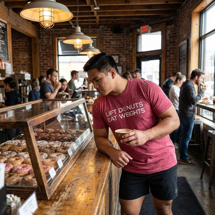 Lift Donuts Eat Weights - on Raspberry Tee - Conquering Barbell