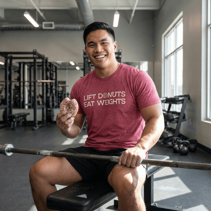Lift Donuts Eat Weights - on Raspberry Tee - Conquering Barbell