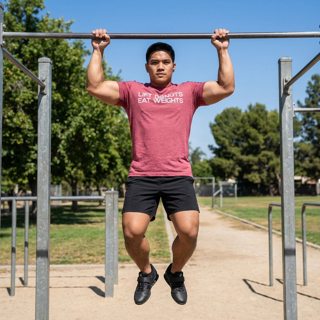Lift Donuts Eat Weights - on Raspberry Tee - Conquering Barbell