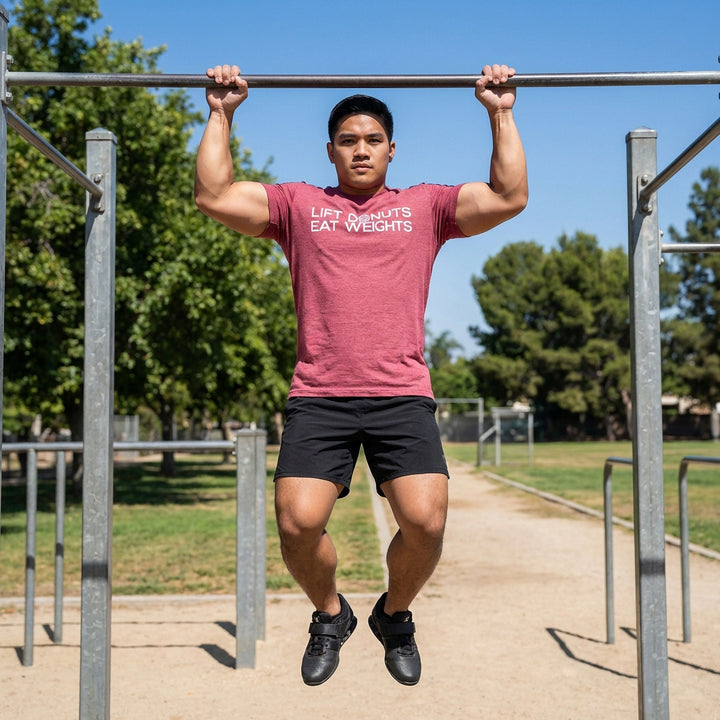 Lift Donuts Eat Weights - on Raspberry Tee - Conquering Barbell