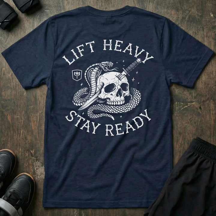 Lift Heavy Stay Ready tee in Navy: a coiled cobra wrapped around a cracked skull run through with a blade