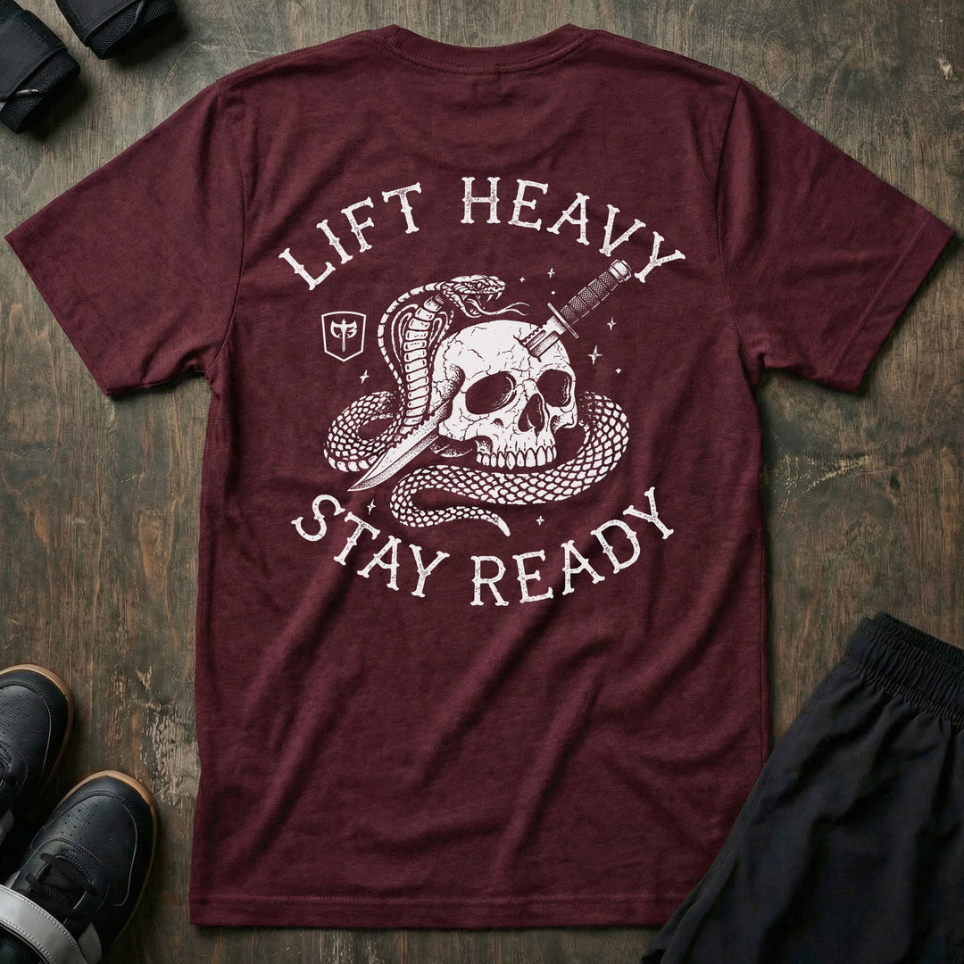Lift Heavy Stay Ready tee in Maroon: a coiled cobra wrapped around a cracked skull run through with a blade