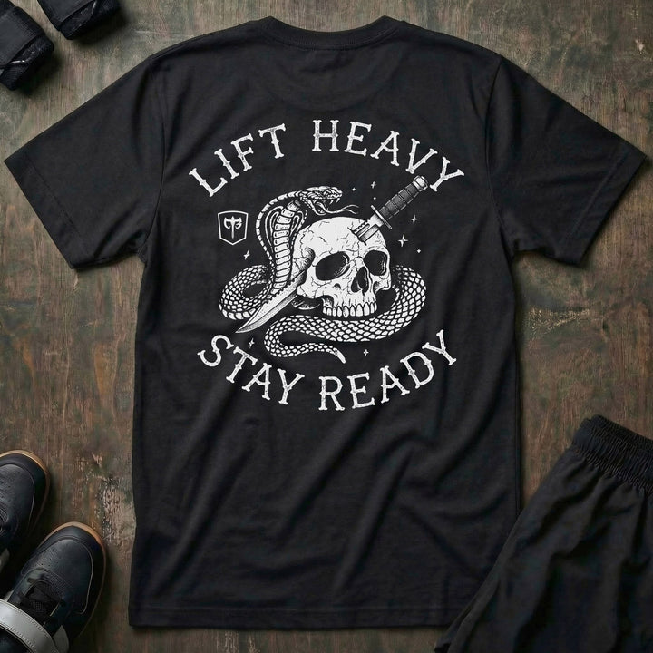 Lift Heavy Stay Ready tee in Black: a coiled cobra wrapped around a cracked skull run through with a blade
