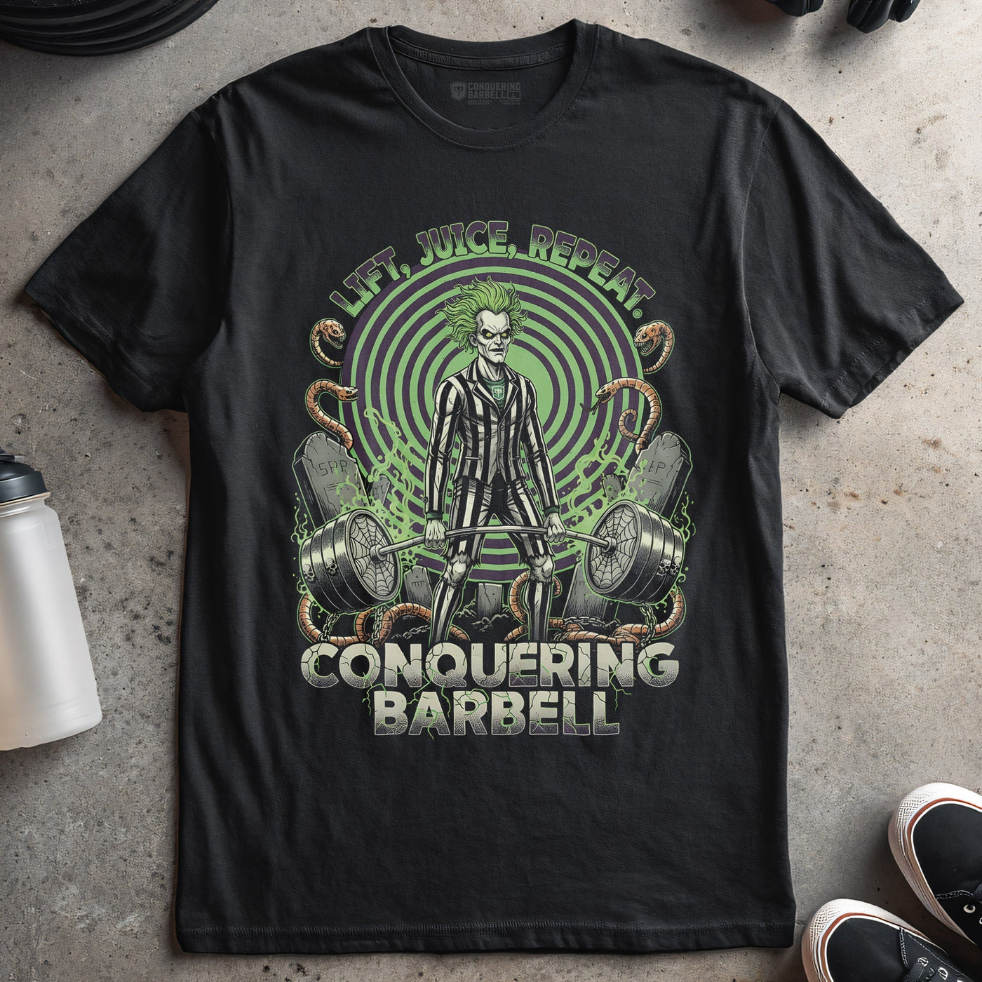 LIft, Juice, Repeat. - on Black Tee - Conquering Barbell