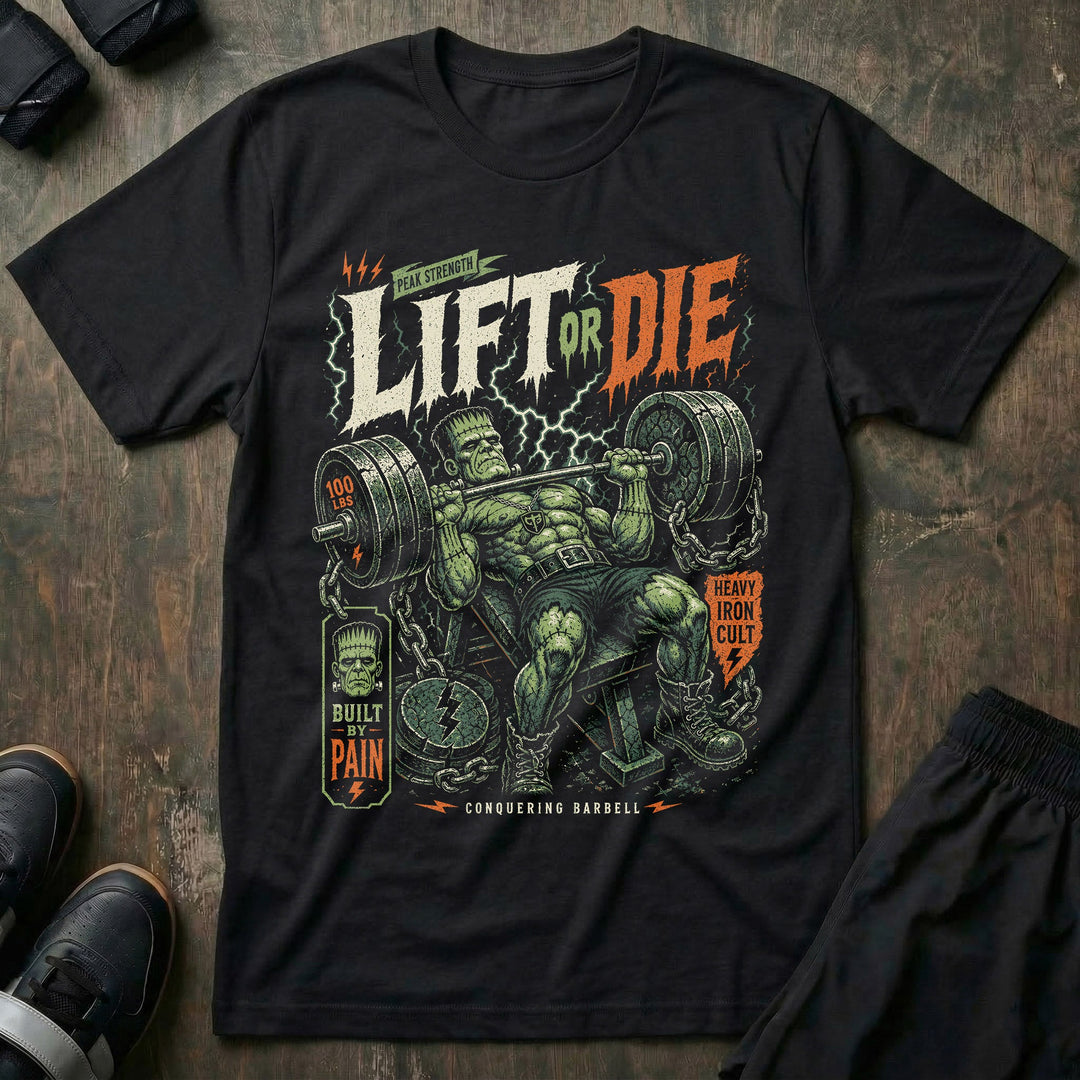 Lift or Die - Bench Press - on Black Tee - Conquering Barbell