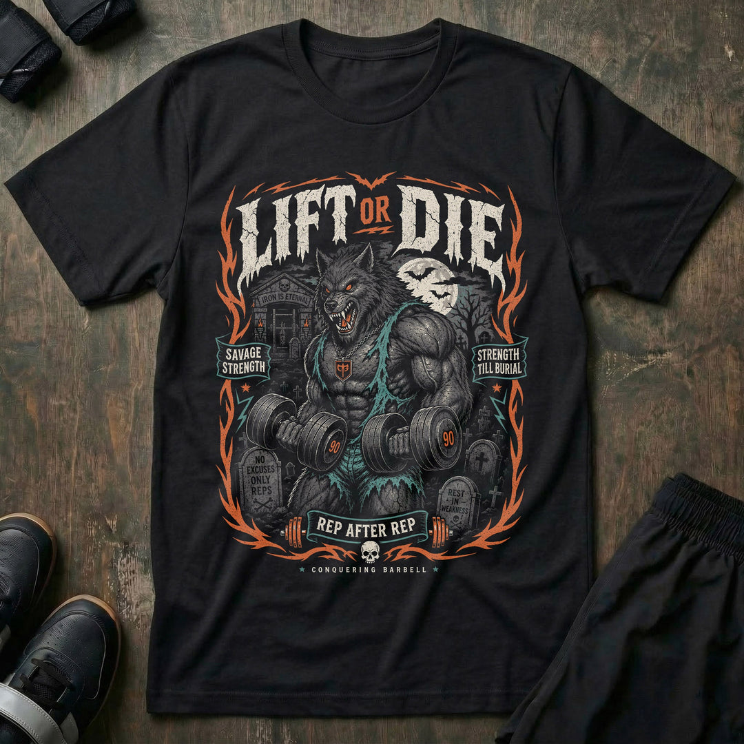 Lift or Die - Curls - on Black Tee - Conquering Barbell