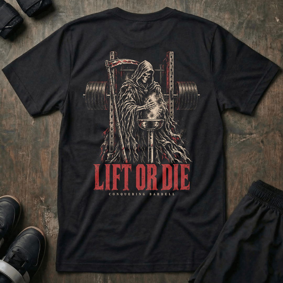Lift or Die Gym Reaper tee in Black: a hooded reaper standing inside a power rack with a scythe at his side
