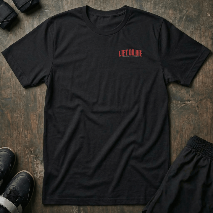 Lift or Die Gym Reaper tee: a hooded reaper standing inside a power rack with a scythe at his side