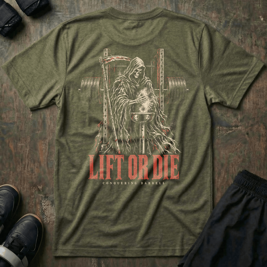 Lift or Die Gym Reaper tee in Military: a hooded reaper standing inside a power rack with a scythe at his side
