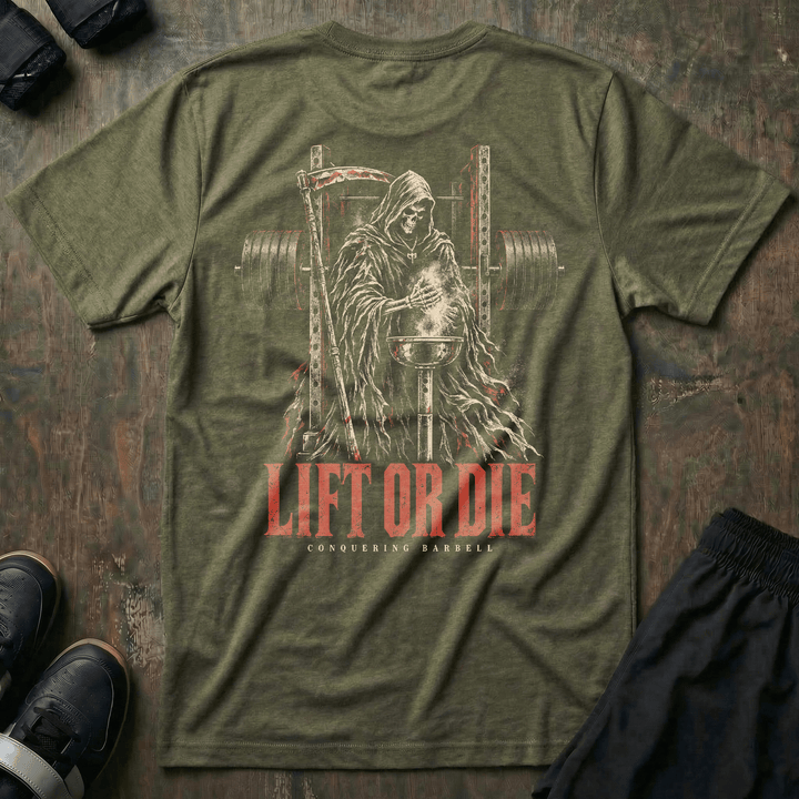 Lift or Die Gym Reaper tee in Military: a hooded reaper standing inside a power rack with a scythe at his side