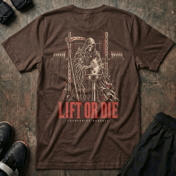 Lift or Die Gym Reaper tee in Expresso: a hooded reaper standing inside a power rack with a scythe at his side
