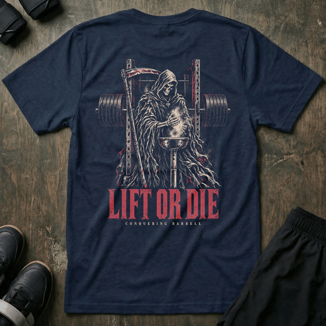 Lift or Die Gym Reaper tee in Navy: a hooded reaper standing inside a power rack with a scythe at his side
