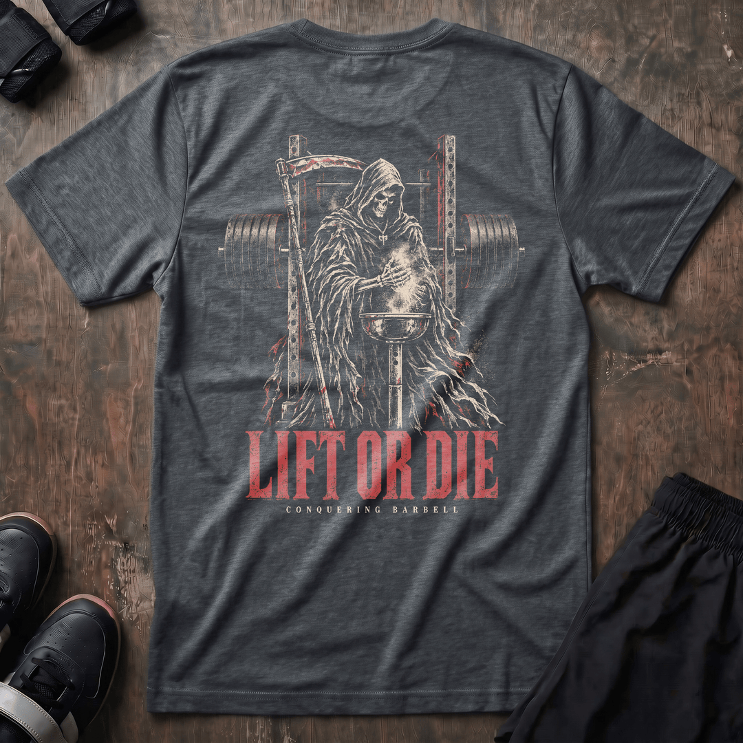 Lift or Die Gym Reaper tee in Heather Heavy Metal: a hooded reaper standing inside a power rack with a scythe at his side
