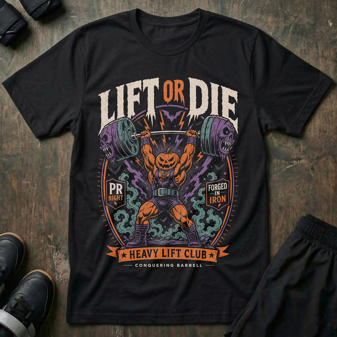 Lift or Die - OHP- on Black Tee - Conquering Barbell