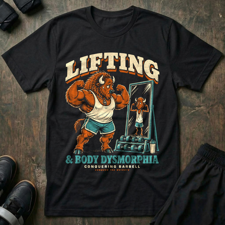 Lifting and Body Dysmorphia - Tee front graphic in Black with a huge bison flexing in a mirror that shows a scrawny reflection - Conquering Barbell