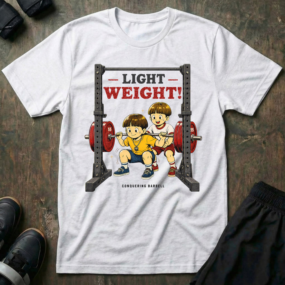 Light Weight! tee in White: two kids in a retro anime style knocking out squats together inside a power rack