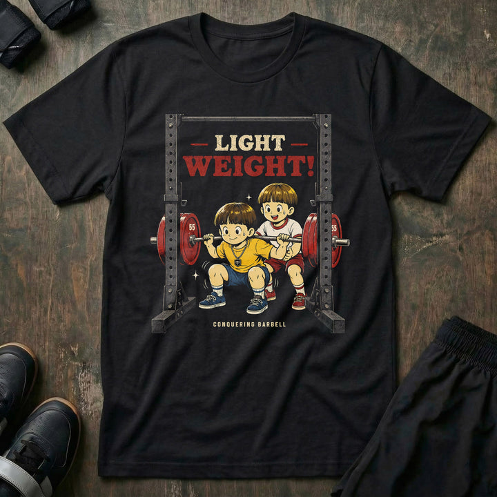 Light Weight! tee in Black: two kids in a retro anime style knocking out squats together inside a power rack