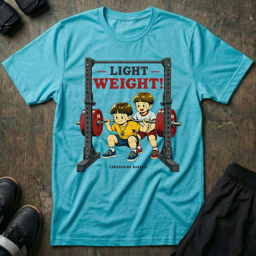 Light Weight! tee in Tahiti: two kids in a retro anime style knocking out squats together inside a power rack