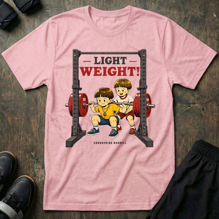 Light Weight! tee in Pink: two kids in a retro anime style knocking out squats together inside a power rack