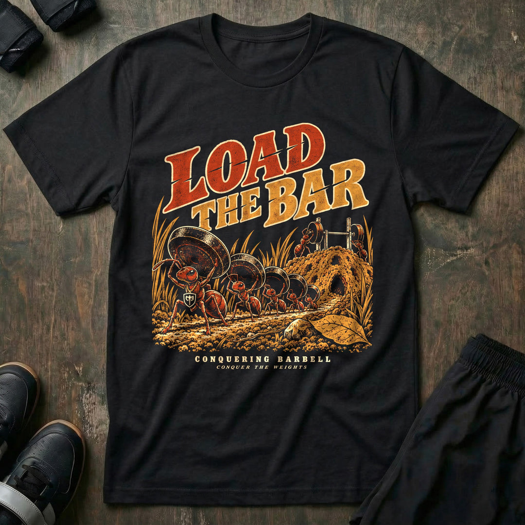Load the Bar - Tee front graphic in Black with a line of ants carrying weight plates up an anthill to a barbell - Conquering Barbell