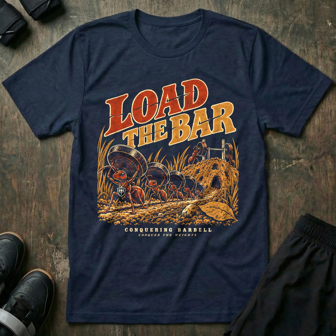 Load the Bar - Tee front graphic in Navy with a line of ants carrying weight plates up an anthill to a barbell - Conquering Barbell