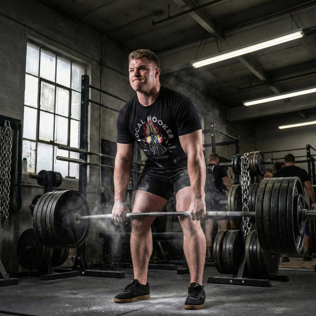 Local Hooker tee in Black: a skeleton hand locked in a hook grip on a barbell in front of roaring flames and lightning