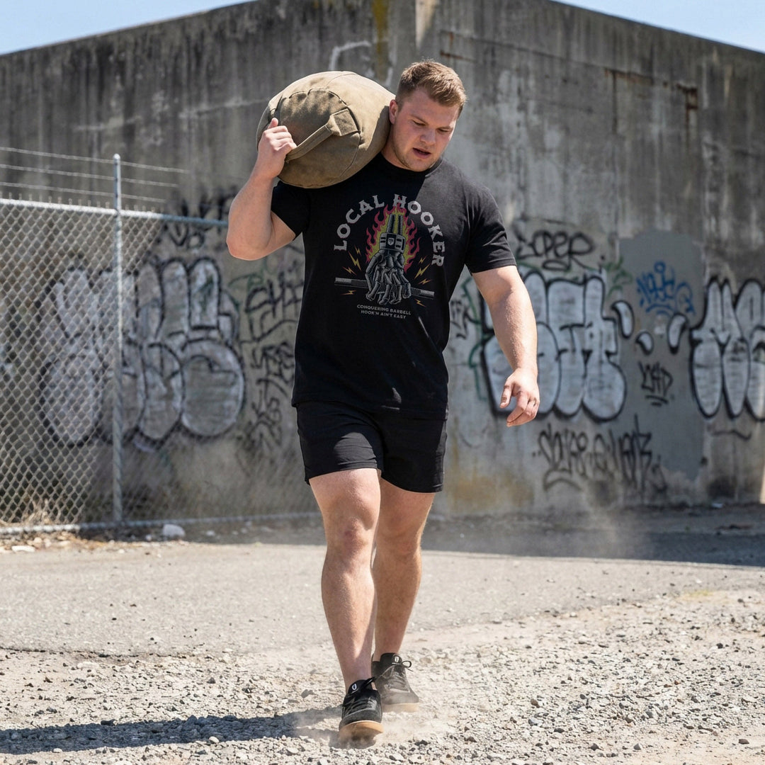 Local Hooker tee in Black: a skeleton hand locked in a hook grip on a barbell in front of roaring flames and lightning