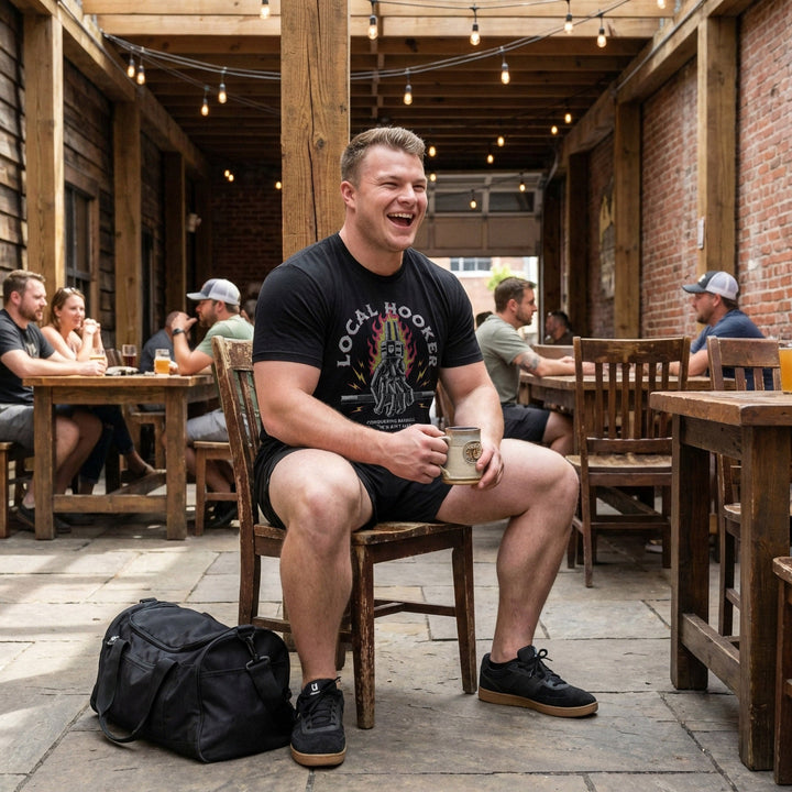 Local Hooker tee in Black: a skeleton hand locked in a hook grip on a barbell in front of roaring flames and lightning