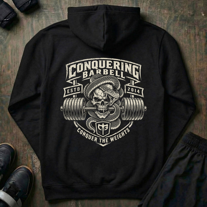 Lockjaw pullover hoodie in Black: a skull wrapped in a striking snake