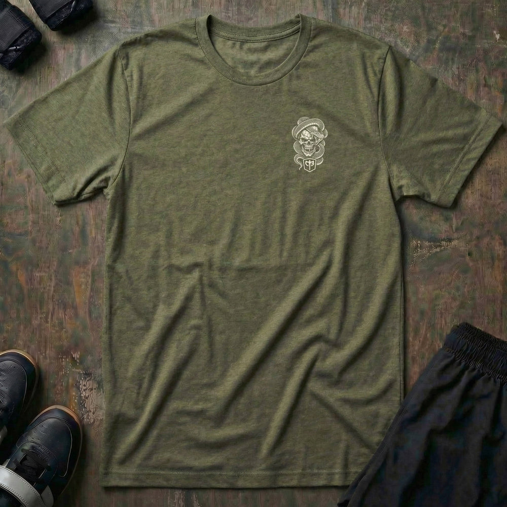 Lockjaw tee: a skull wrapped in a striking snake