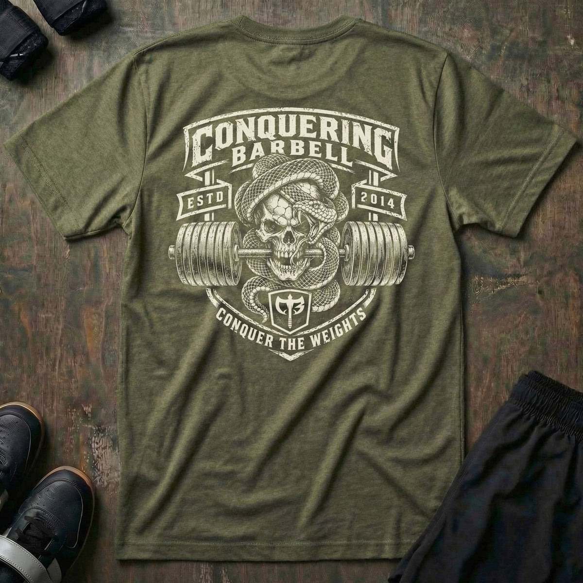 Lockjaw tee in Military: a skull wrapped in a striking snake