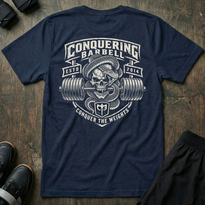 Lockjaw tee in Navy: a skull wrapped in a striking snake