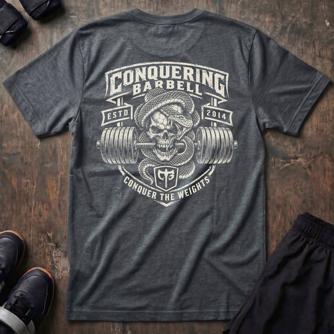 Lockjaw tee in Heather Heavy Metal: a skull wrapped in a striking snake