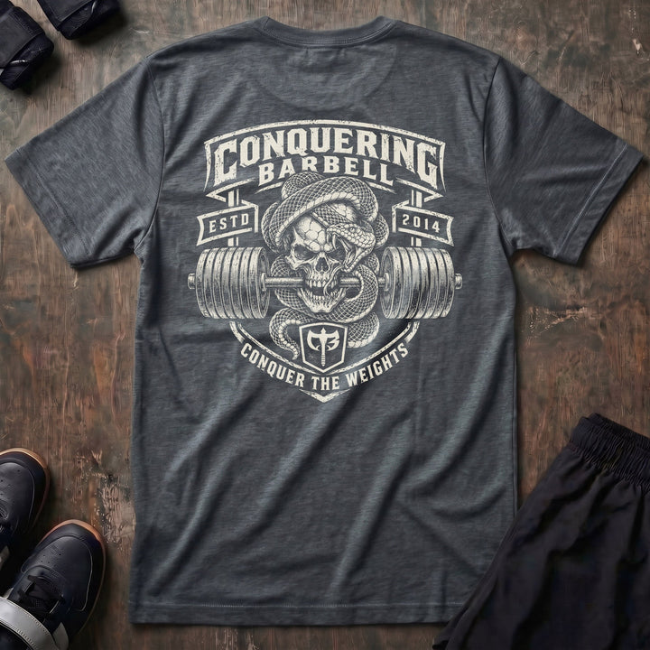 Lockjaw tee in Heather Heavy Metal: a skull wrapped in a striking snake