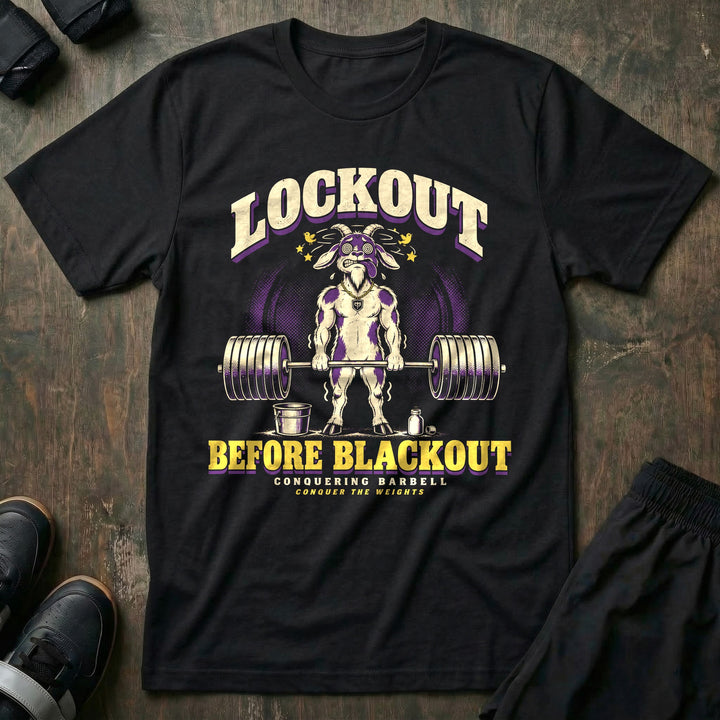 Lockout Before Blackout - Tee front graphic in Black with a dizzy fainting goat holding a loaded barbell at deadlift lockout - Conquering Barbell