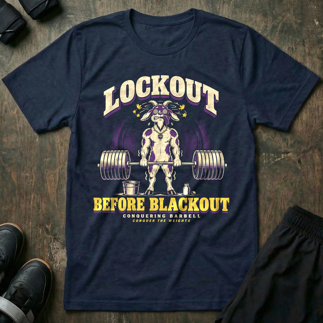 Lockout Before Blackout - Tee front graphic in Navy with a dizzy fainting goat holding a loaded barbell at deadlift lockout - Conquering Barbell