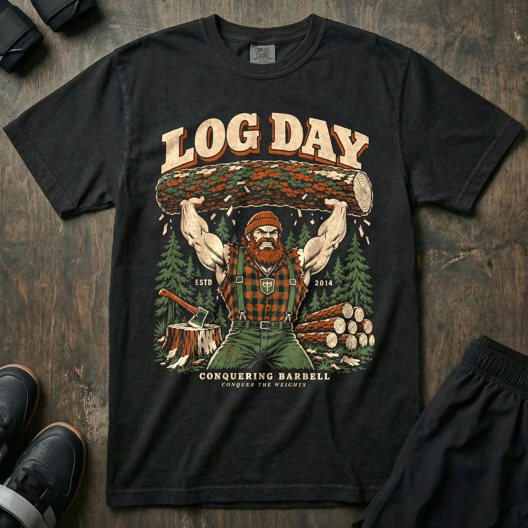 Log Day - Relaxed Fit Tee front graphic in Black with a red-bearded lumberjack pressing a log overhead in a pine forest - Conquering Barbell