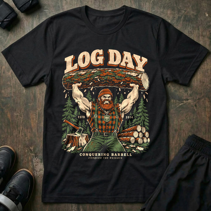 Log Day - Tee front graphic in Black with a red-bearded lumberjack pressing a log overhead in a pine forest - Conquering Barbell