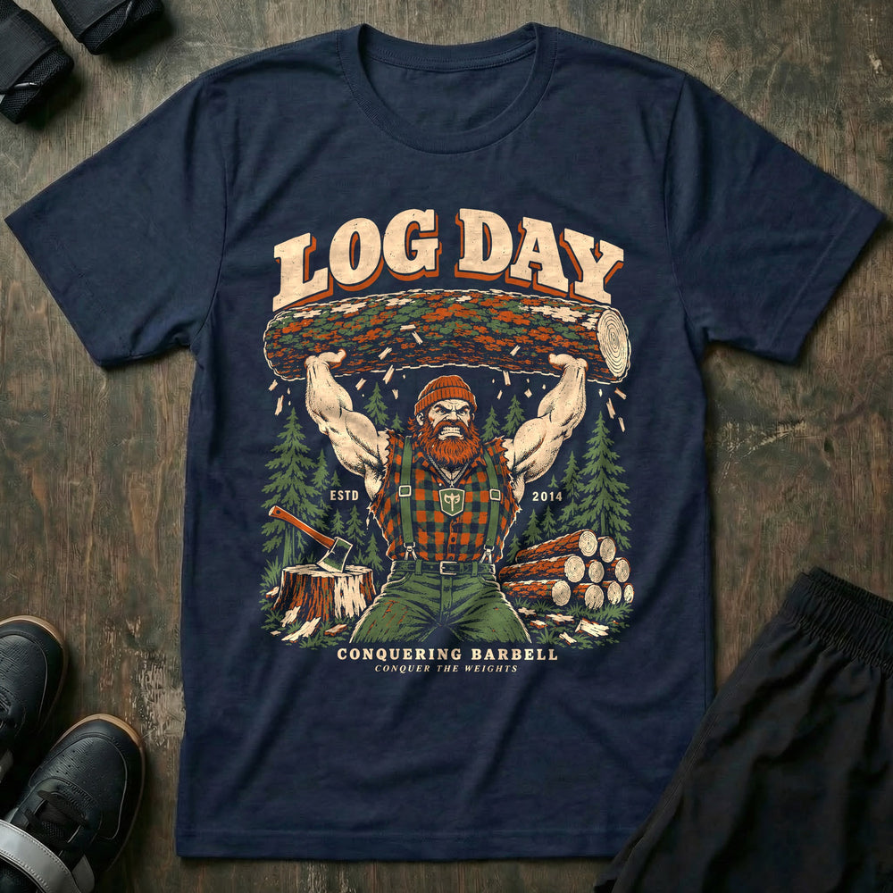 Log Day - Tee front graphic in Navy with a red-bearded lumberjack pressing a log overhead in a pine forest - Conquering Barbell